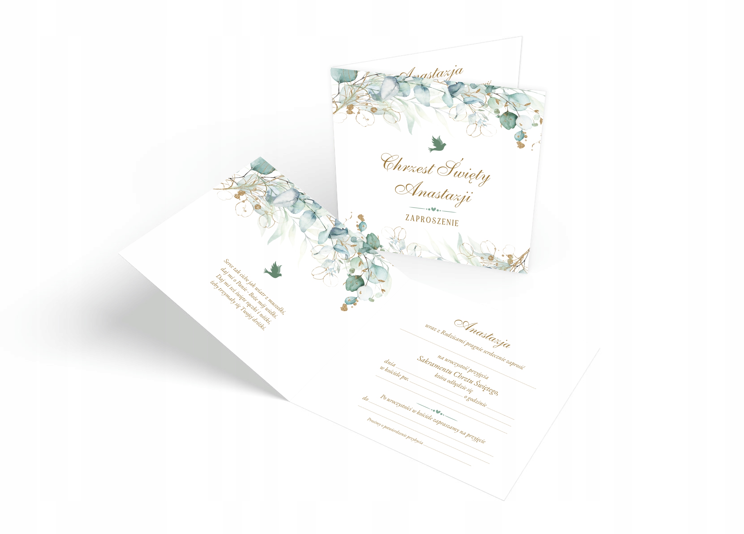 ZAPROSZENIA NA CHRZEST + IMIĘ + KOPERTA eukaliptus Kolor dominujący wielokolorowy