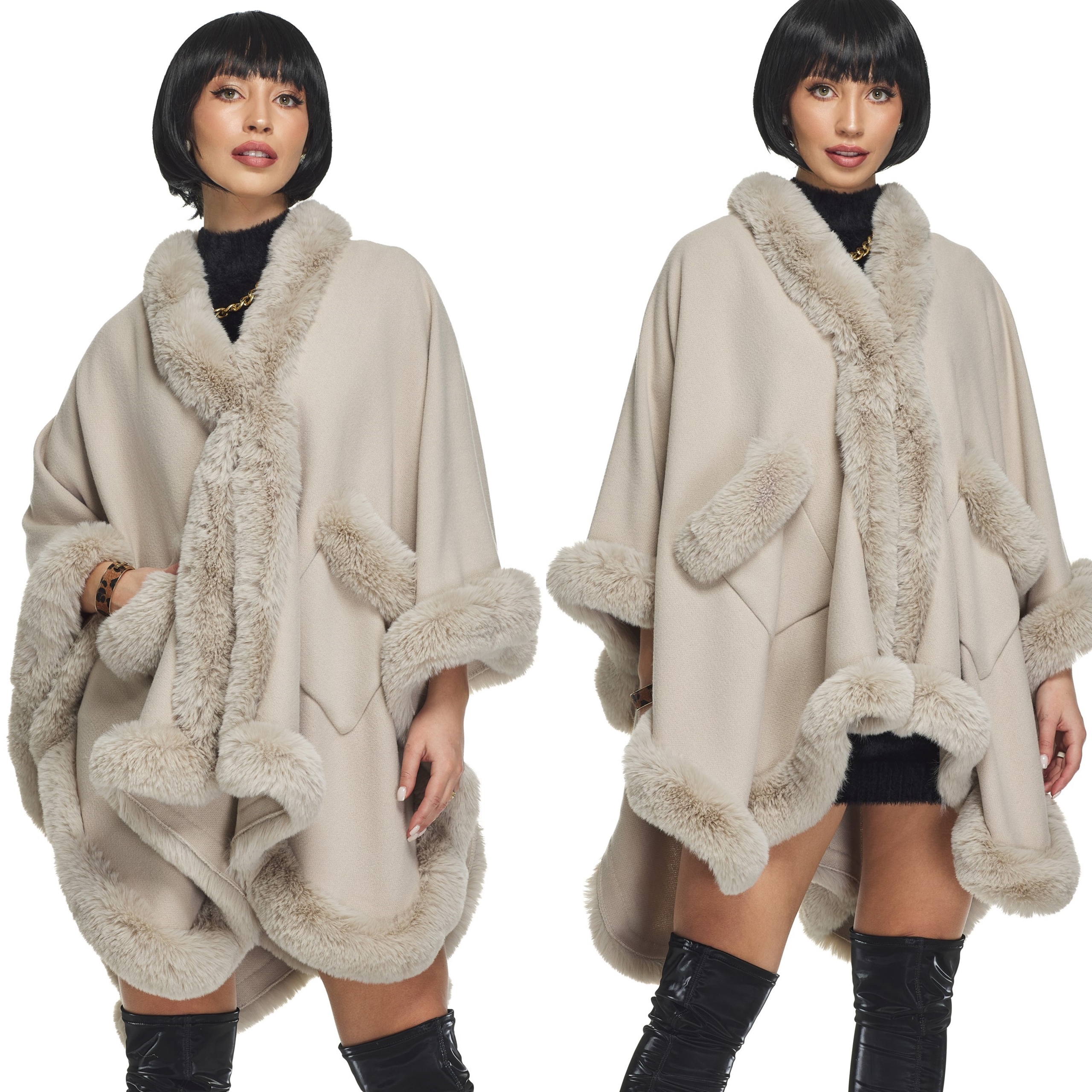 Poncho Pončo s kapsami z pleteniny a kožešinou kožíšek kožešina světle béžová