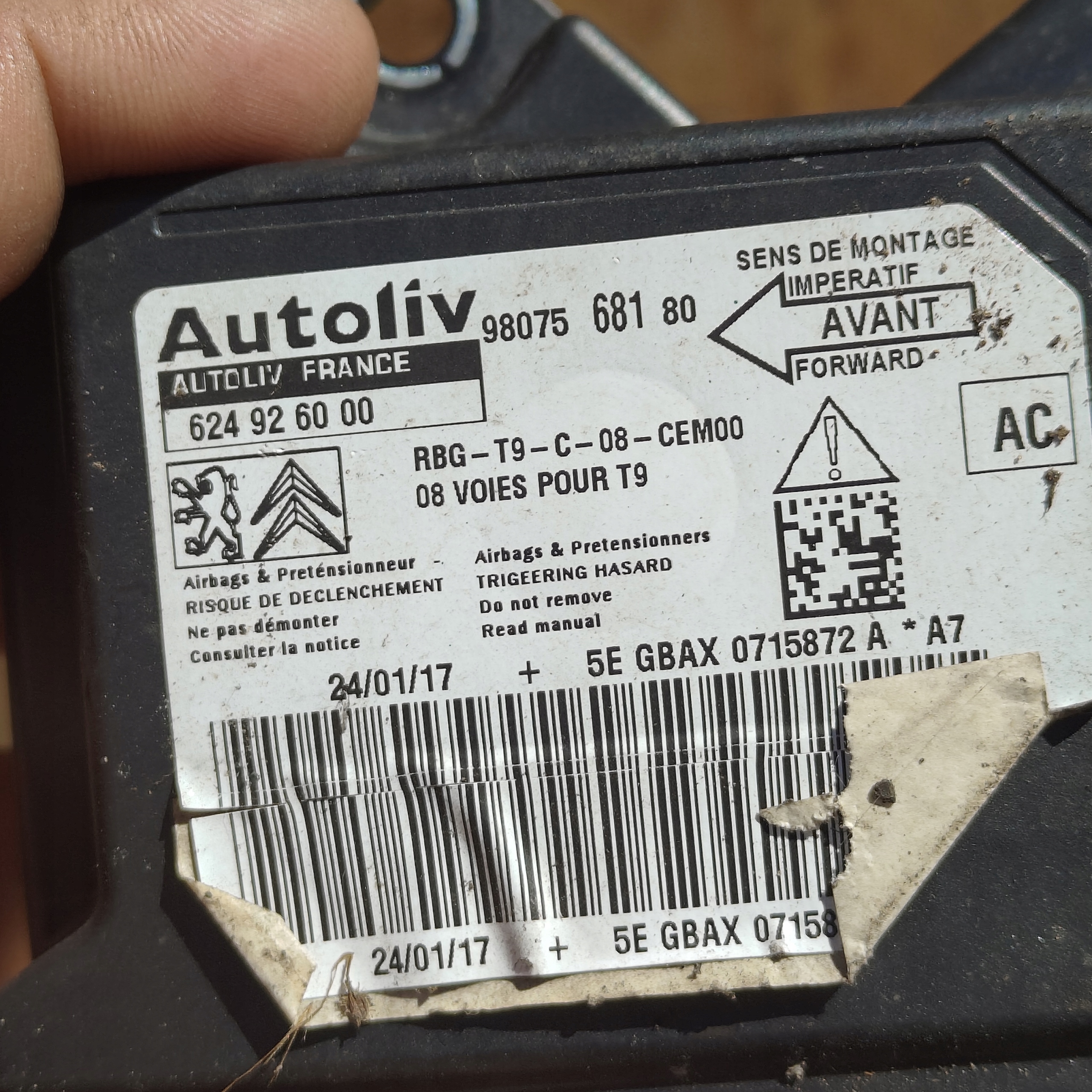 module SENSOR airbag PEUGEOT 308 T9 II 9807568180