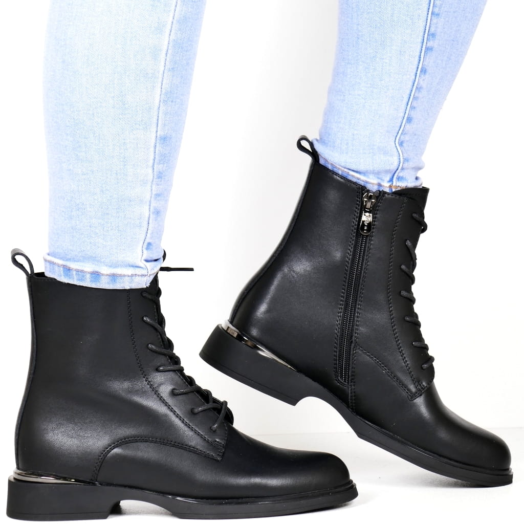 Černé Kožené Kotníkové Boty Zimní Boty Podzimní Plochá Podrážka Klasické