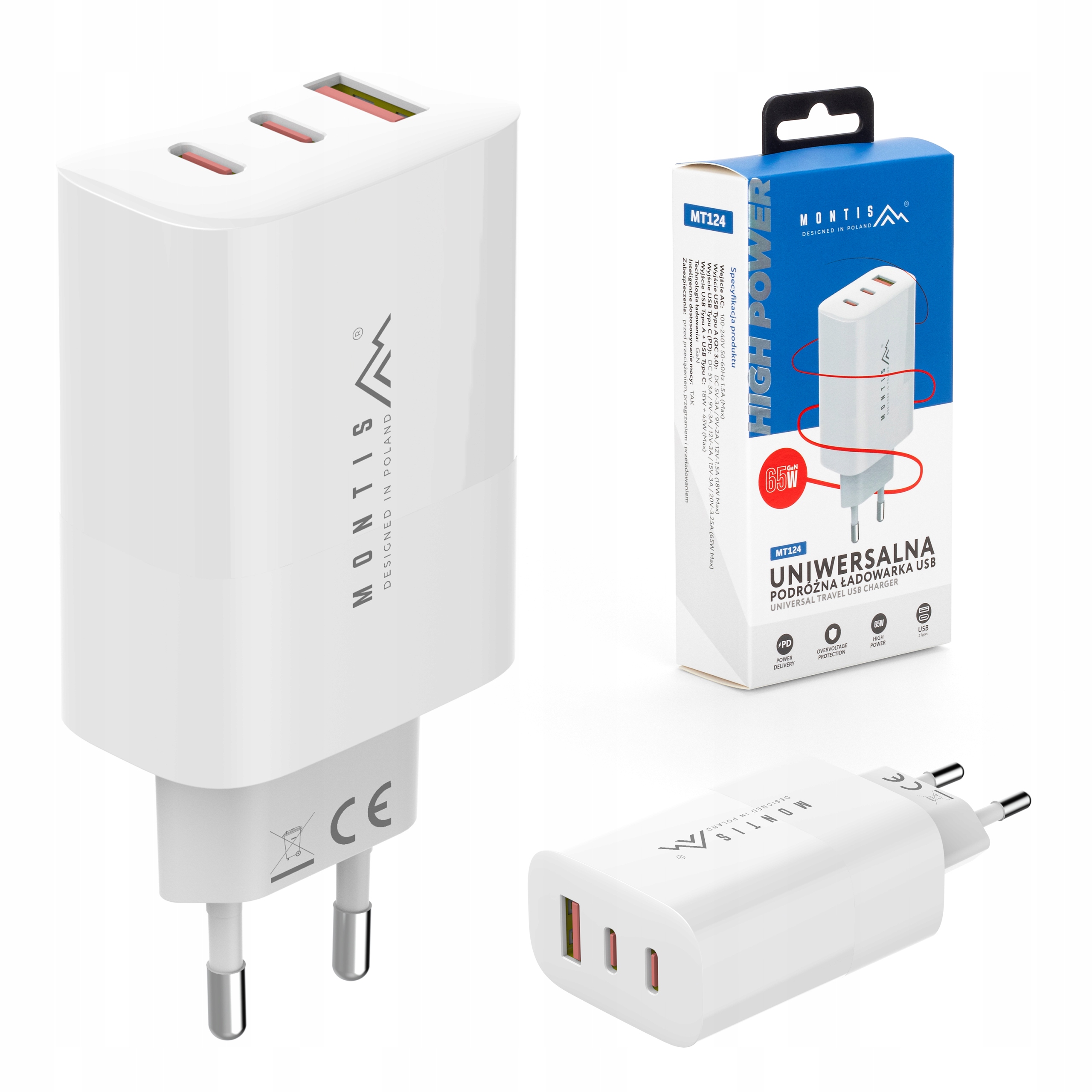 Szybka Ładowarka Sieciowa Usb 2X Usb C Mocna 65W GaN Zasilacz Pd Qc 3.0