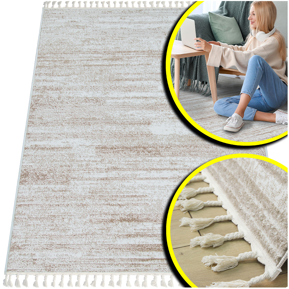 Krémový Koberec Do Obývacího Pokoje Anko Béžový Koberec Shaggy Melanž Do Ložnice 140x200