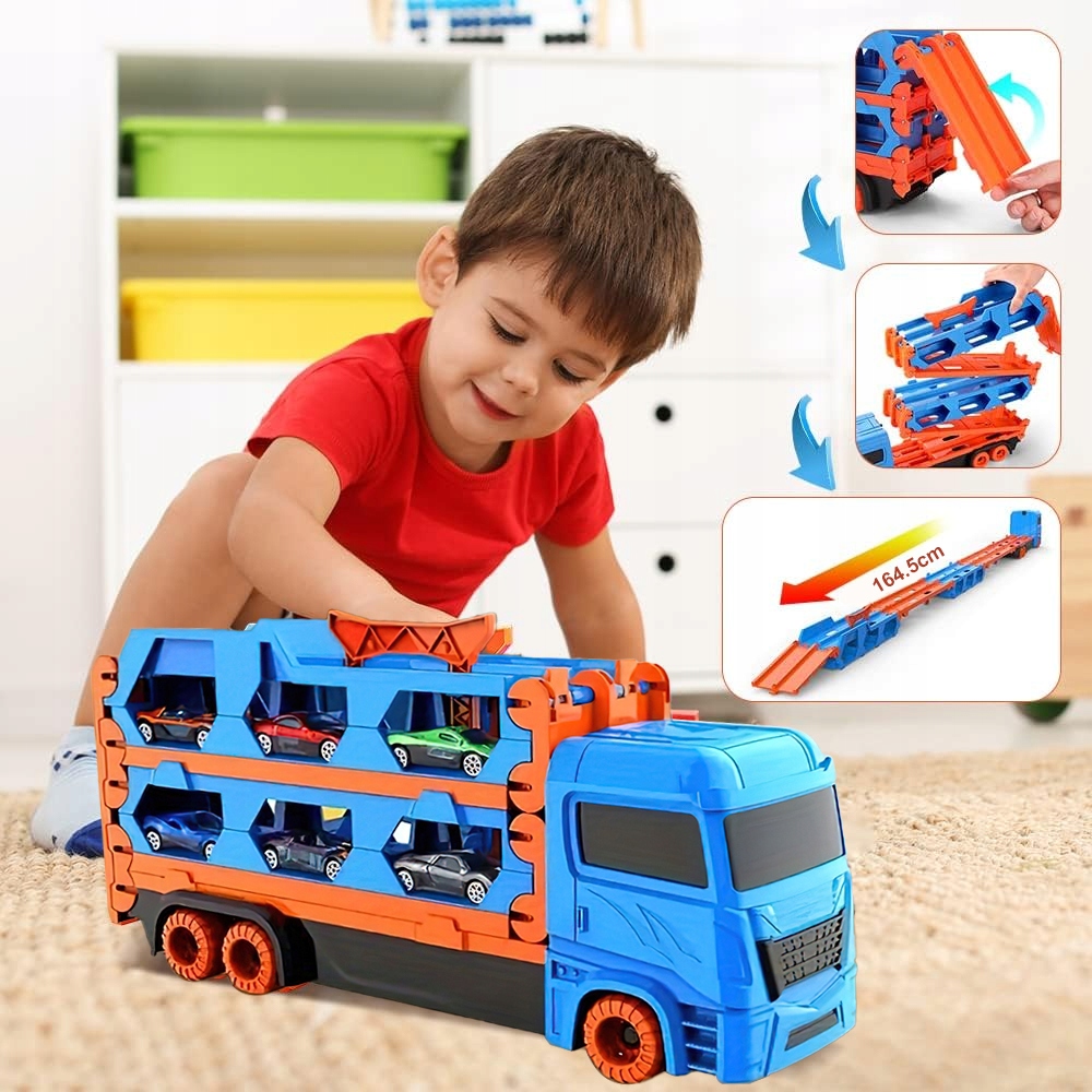 CIĘŻARÓWKA TIR ROZKŁADANA LAWETA TOR SAMOCHODOWY TRANSPORTER + 6 AUTKA Marka bez marki