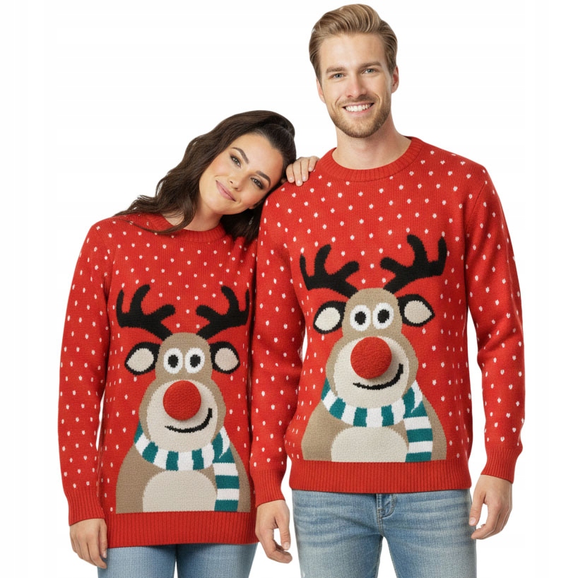 Vánoční svetr sada pro páry červený sob 3D bambule vánoční
