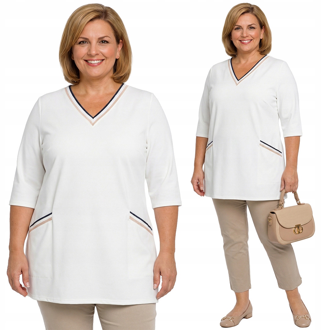 Bílá tunika s ozdobnými proužky plus size velikost 58