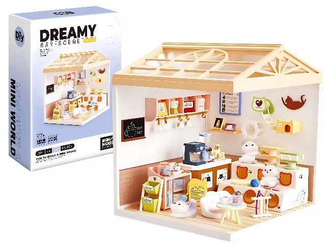 Miniaturowy domek Diy Kocia Kawiarnia, Led, 145 El.