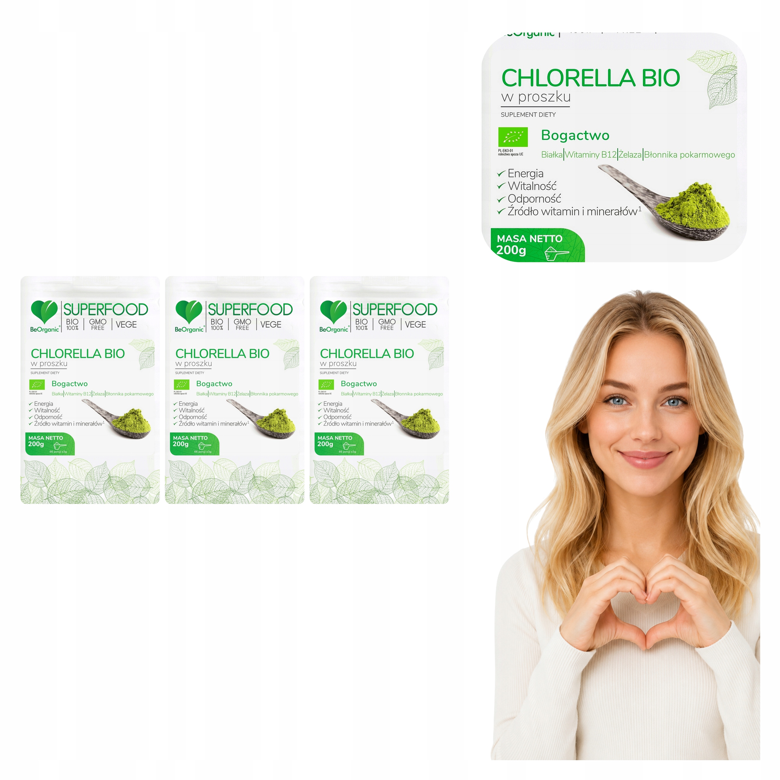 3x Chlorella Bio 200 g Beorganic Proszek 100% Zwyczajna 66 Porcji Mikroalga