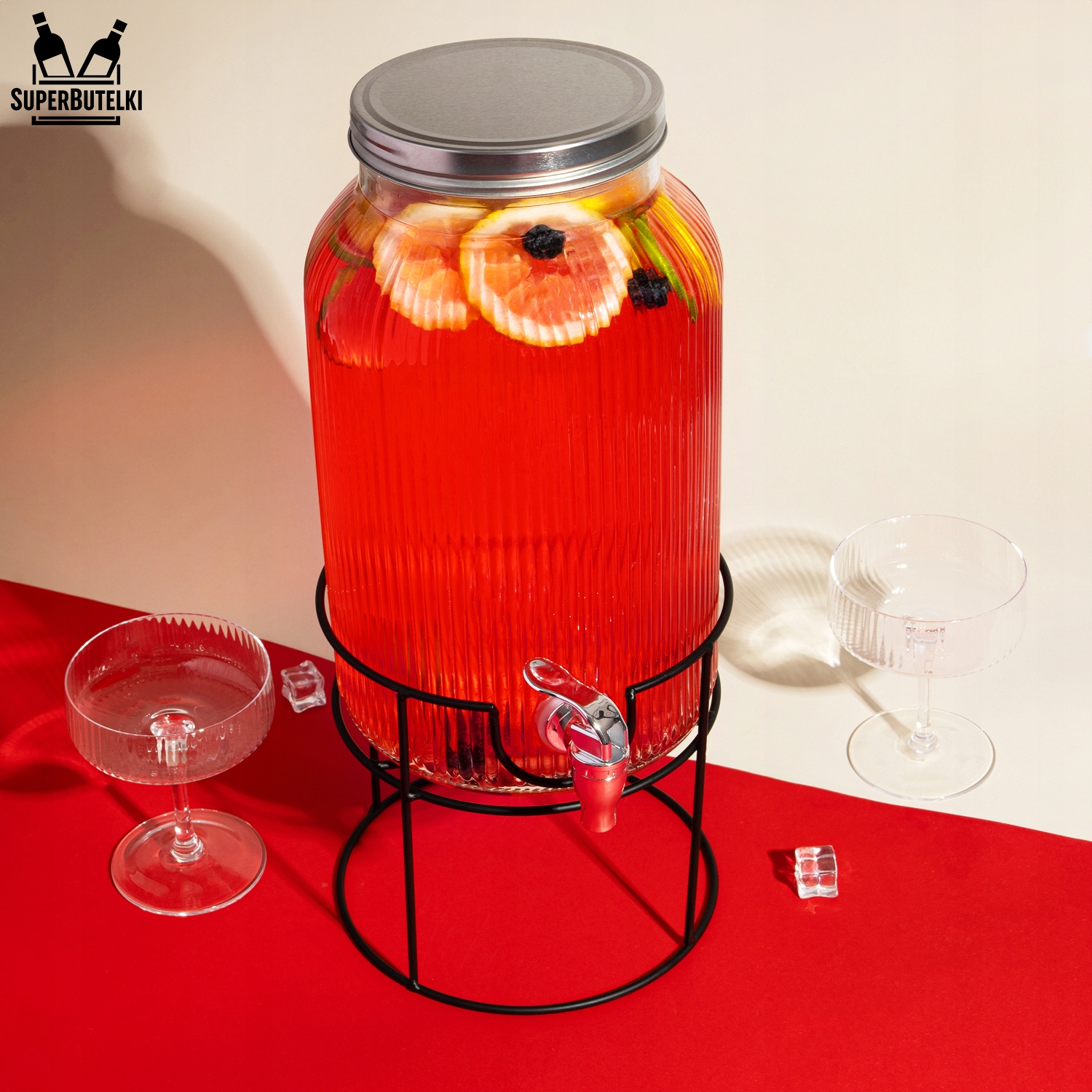 SŁÓJ z KRANIKIEM na STOJAKU 6L na LEMONIADĘ SOK DYSTRYBUTOR WODY RYFLOWANY Pojemność 6 l