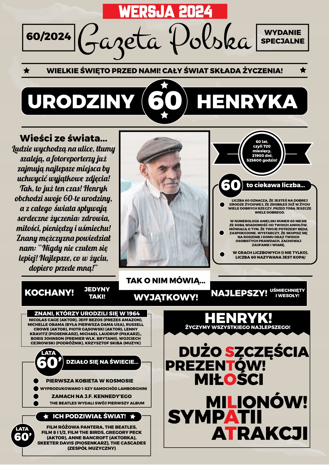 60 URODZINY PREZENT DLA MĘŻCZYZNY PLAKAT GAZETA niego faceta pamiątka EAN (GTIN) 5906924301085