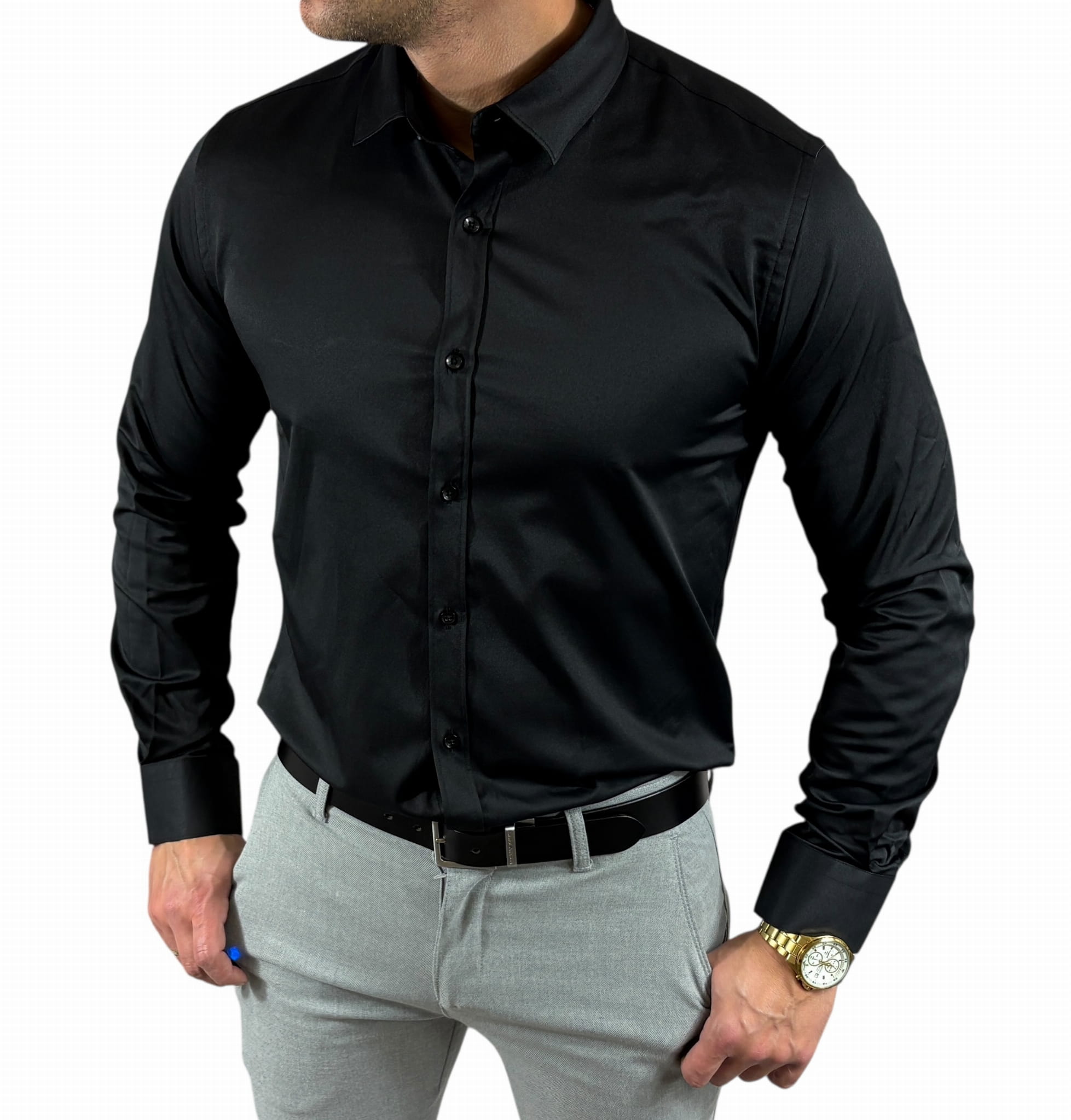 Košile regular klasická saténová hladká elegantní černá 101/02 EGO05 5XL