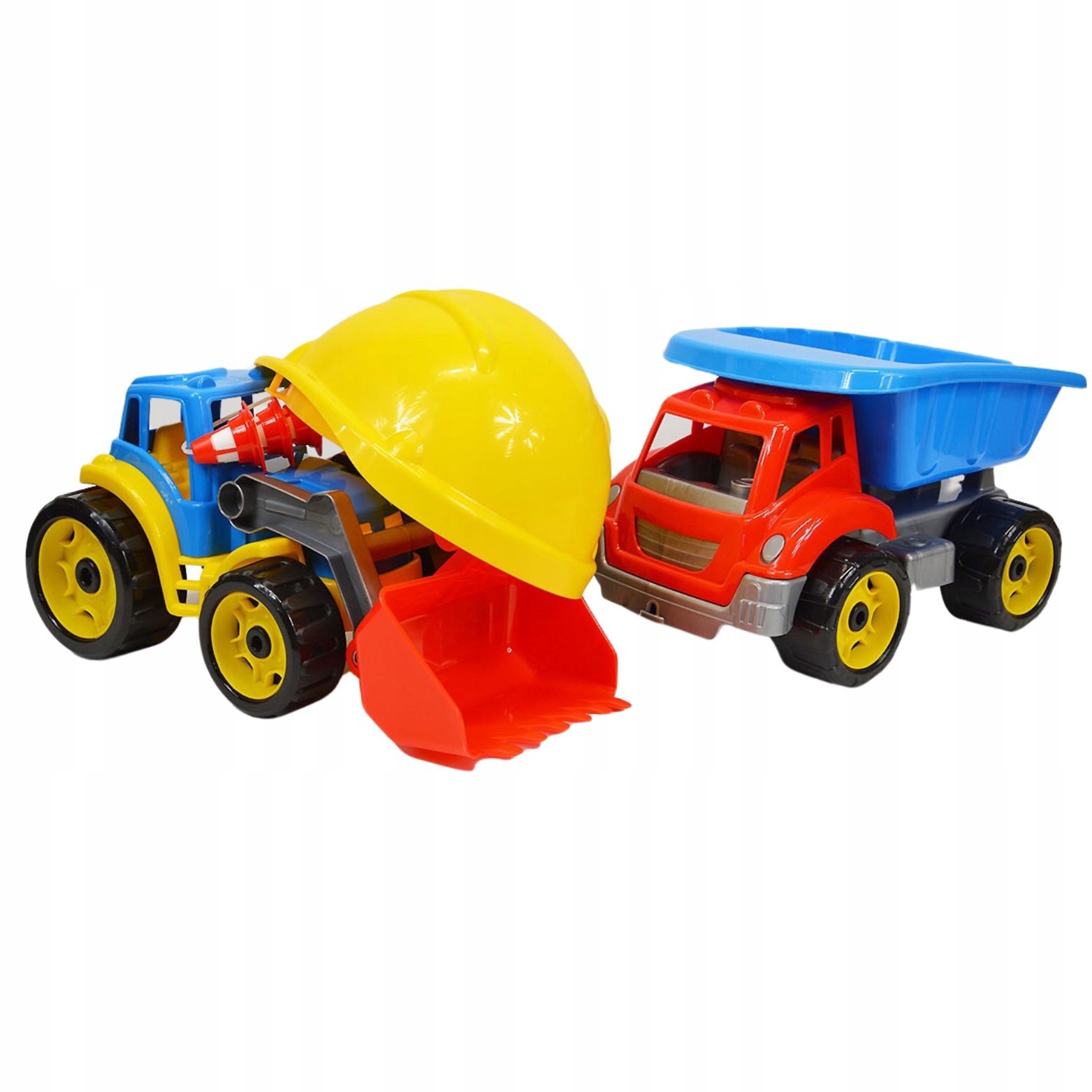 ZESTAW 2 POJAZDY BUDOWLANE KOPARKA WYWROTKA KASK BUDOWLANY PACHOŁKI Marka Technok Toys
