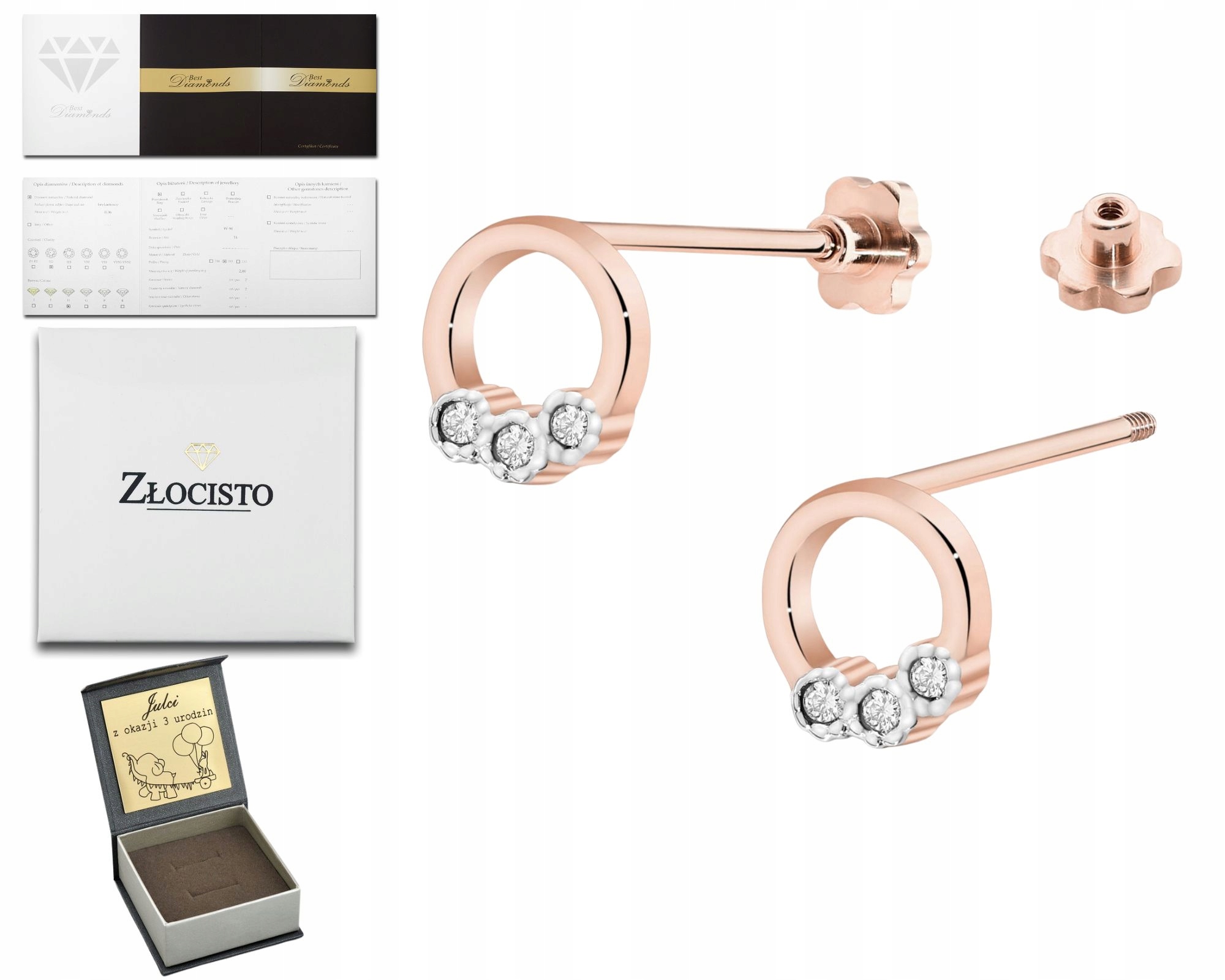 Růžové Zlaté Náušnice S Diamanty, Šroubovací Ryzost 585 14K, Dárek