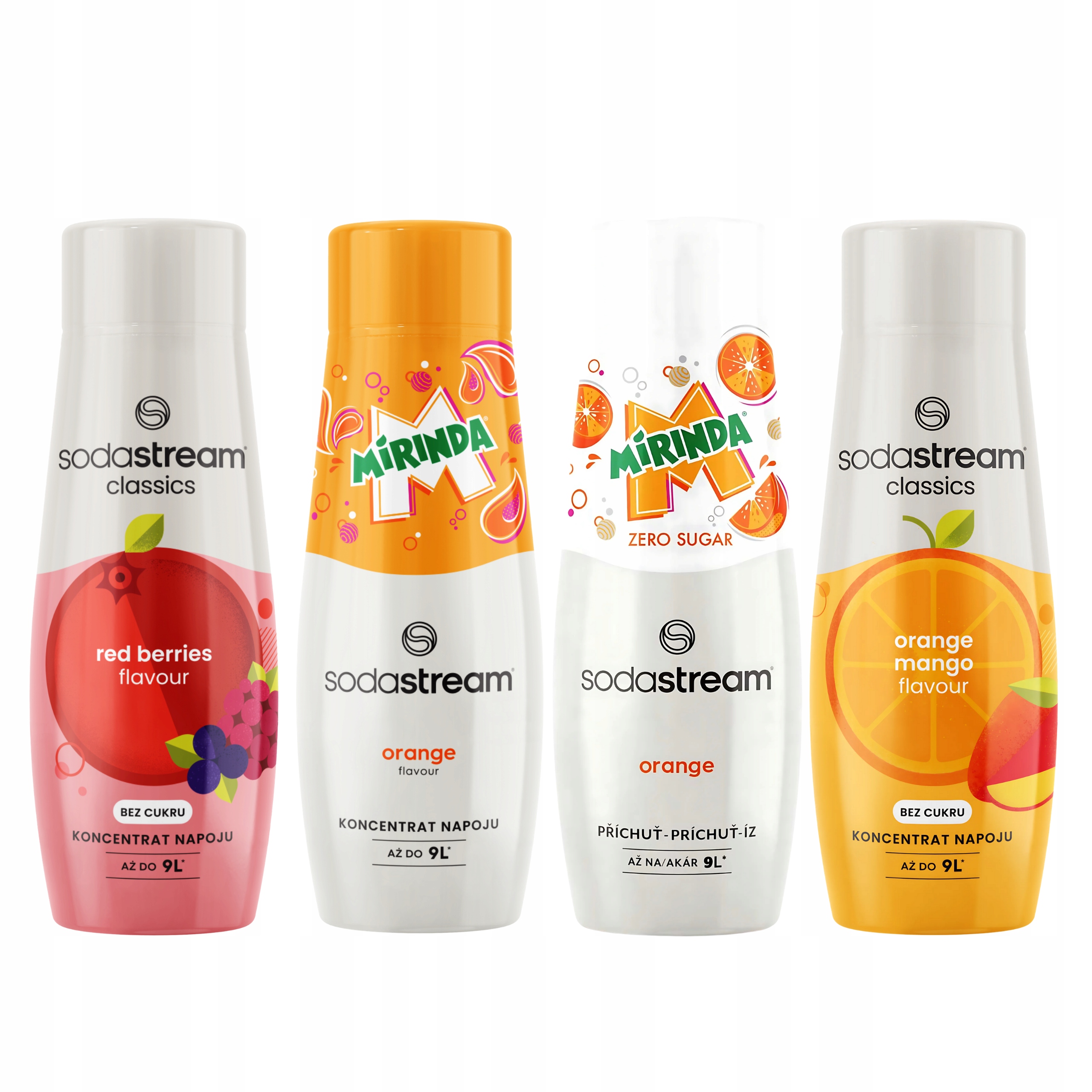 4 sirupy Sodastream Lesní ovoce Mirinda Mirinda Zero Pomeranč Mango