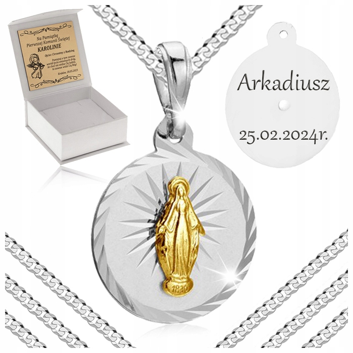 SREBRNY NASZYJNIK + MEDALIK PR 925 + GRAWER PREZENT NA BIERZMOWANIE CHRZEST