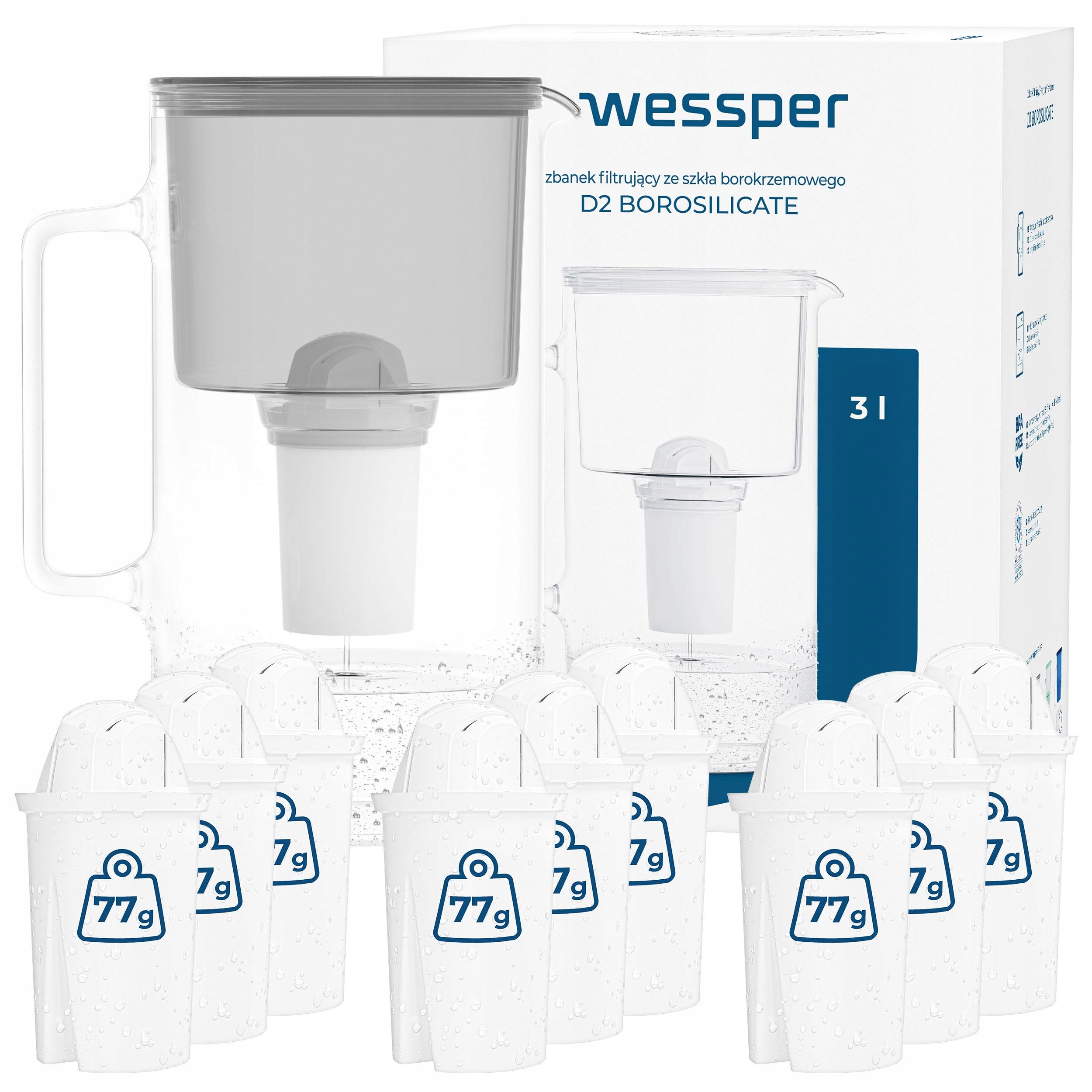 Dzbanek filtrujący Wessper D2 Borosilicate 3l szary 10x filtr do wody