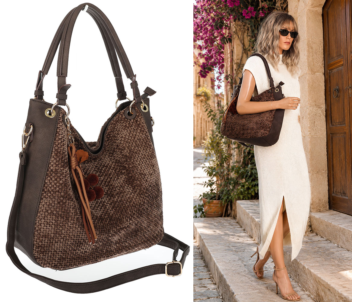 Dámská shopper kabelka a crossbody z broušené kůže LH622 čokoládová