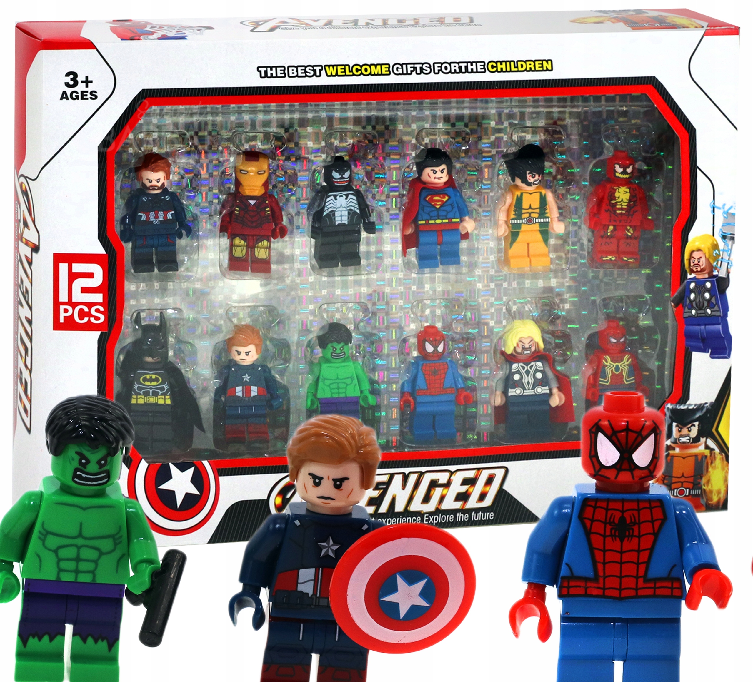 KLOCKI mini FIGURKI AVENGERS Hulk Spider Wolverine 12 figurek + AKCESORIA