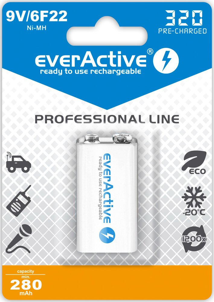 EverActive 10 X 9V Alkaline Batteries, 6LR61 6F22 Block Maximum Power, 5 Year Life, 10 Blister Cards