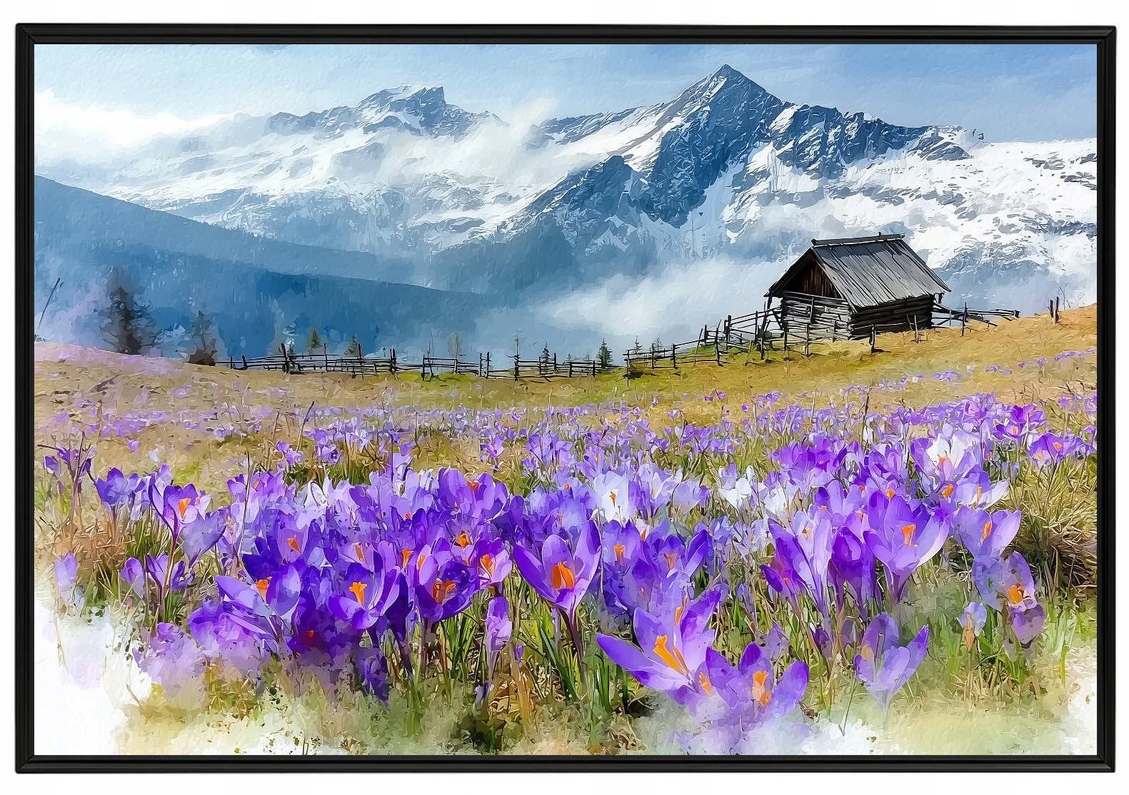 Plakát S Hliníkovým Rámeček Krokusy Hory Chata Mytina Jarní Krajina 60x40