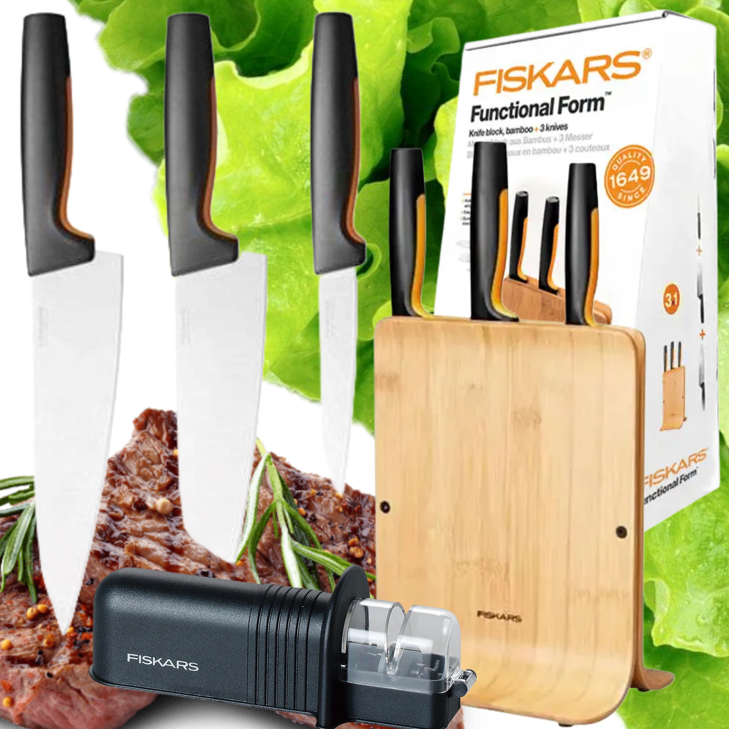 Sada Fiskars 3 Nožov V Bambusovom Bloku Do Kuchyne Poriadna Brusný Kameň