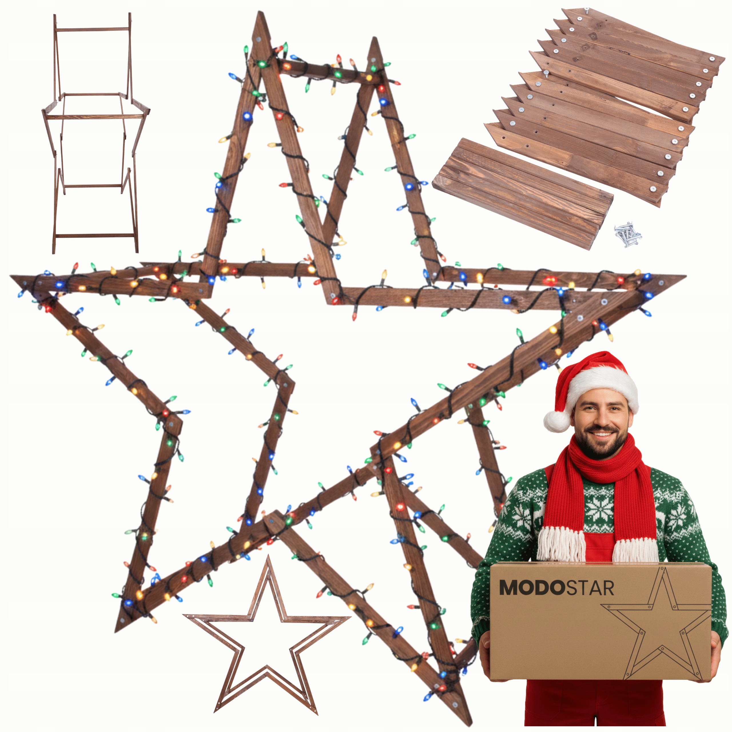 Vánoční hvězda 3D snadné skládání ModoStar 189 cm dřevěná Impregnat