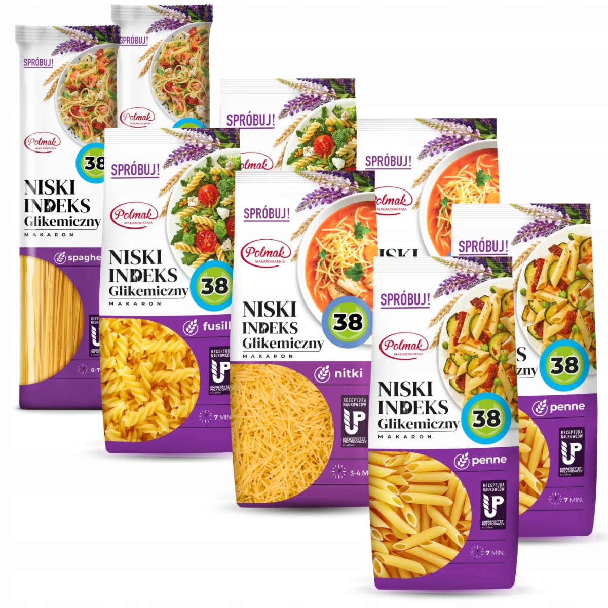 Levně Polmak Makarony s nízkým Ig penne špagetami fusilli nudličky 250 g x 8