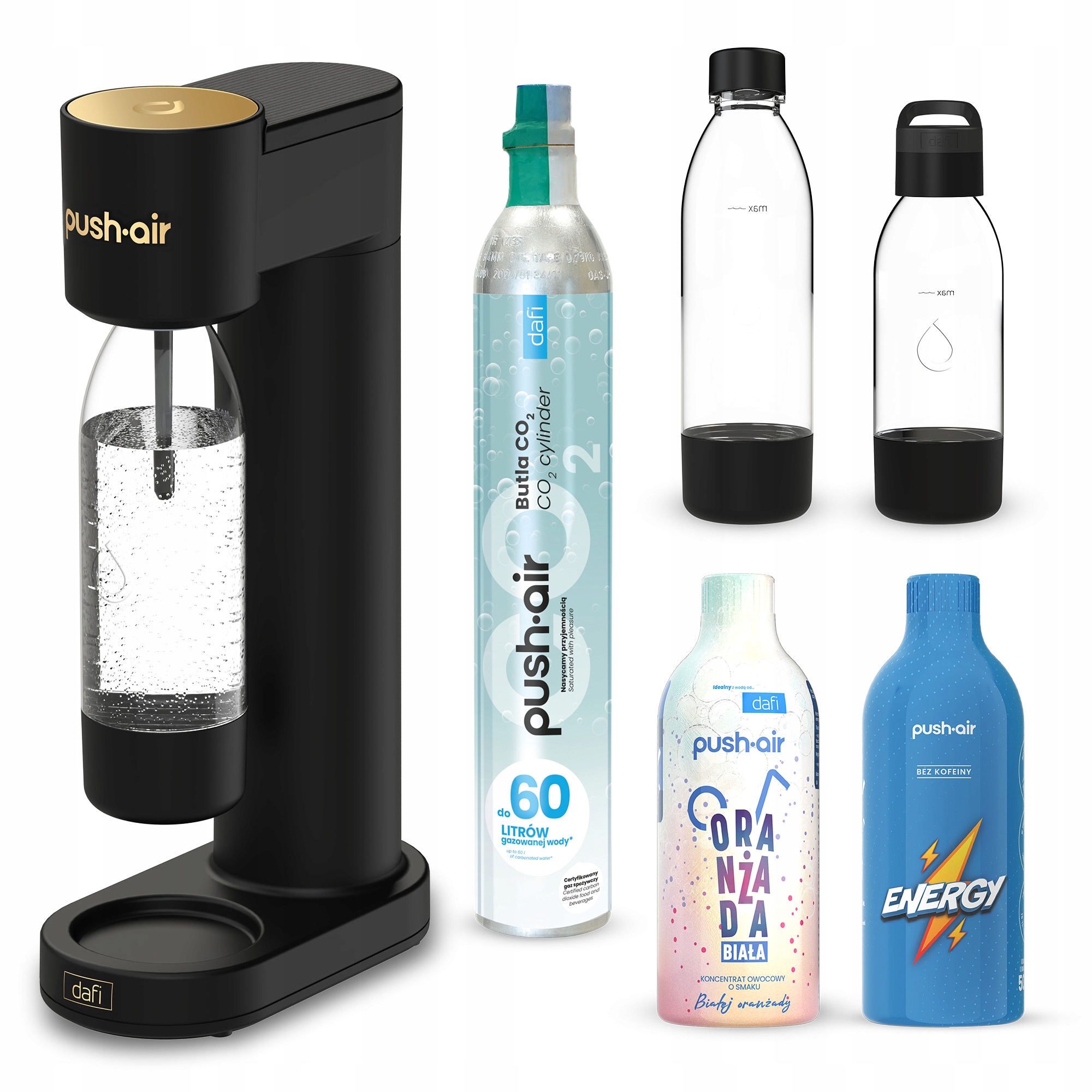 Sada PushAir Výrobník Sody CO2 bombička láhev 0,7 láhev 0,5 2 sirupy