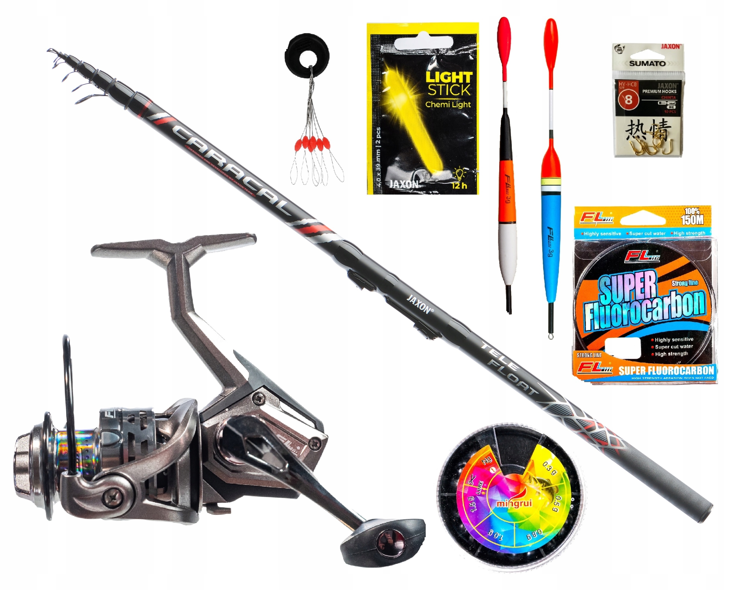 Zestaw Wędkarski Spławikowy Wędka Jaxon Kołowrotek Haczyki Żyłka Spławiki