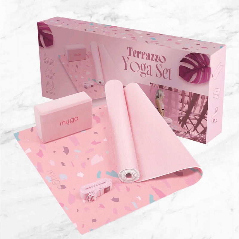 Sada na jógu Myga Terrazzo Yoga Set podložka kostka pásek fialová