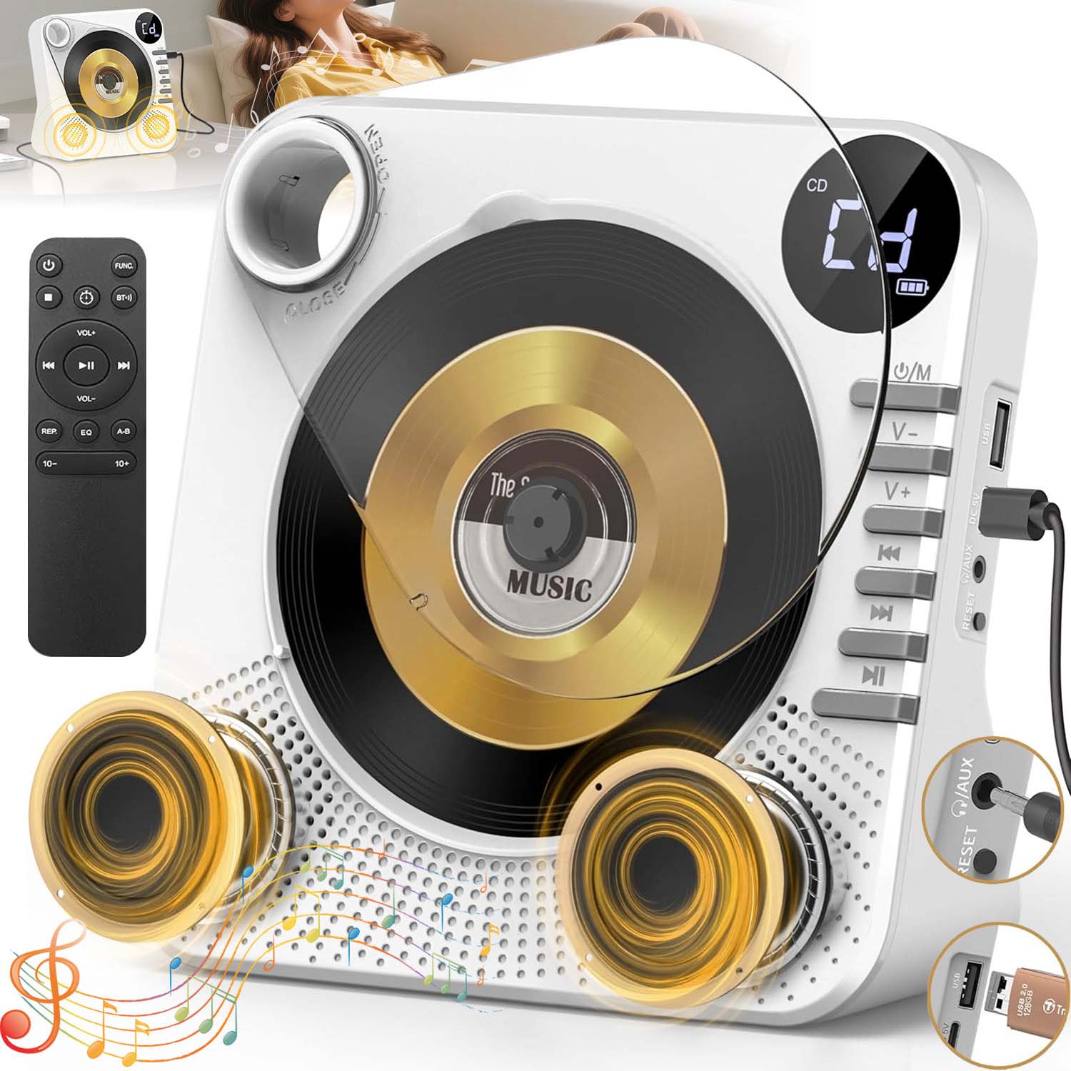 Přenosný CD Přehrávač Fm Rádio Stolní CD Přehrávač Reproduktor 4000MAH