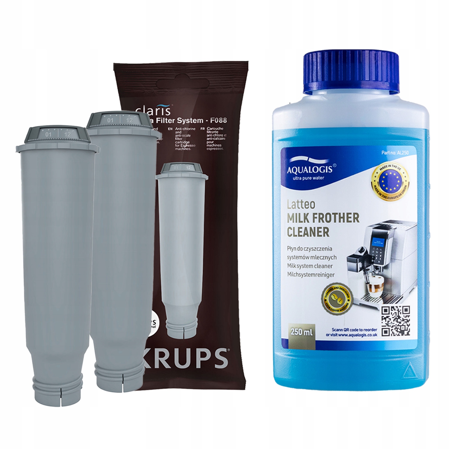 2x Filtr vody F08801 pro kávovar Krups čisticí kapalina Latteo 250 ml