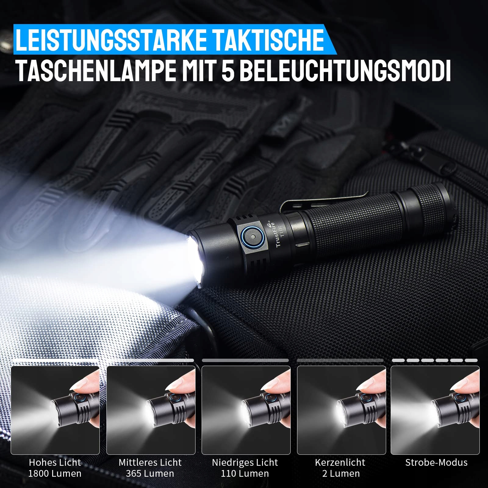 TRUSTFIRE T11R LED Latarka 1800 Lumen USB Ladowanie 5 Trybów IP68 — miniatura 3