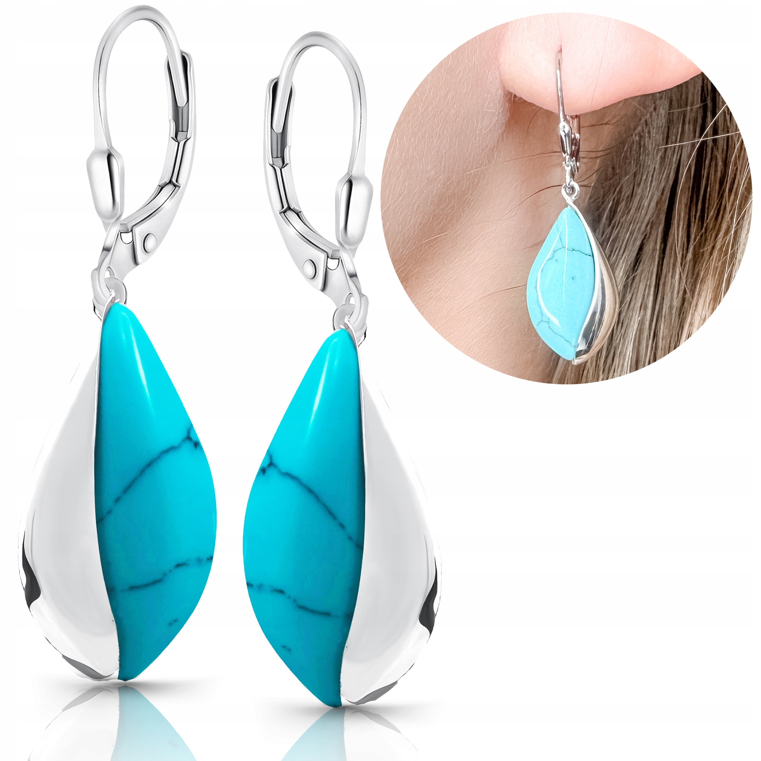 Stříbrné náušnice s tyrkysem, závěsné šperky, tyrkys stříbro 925