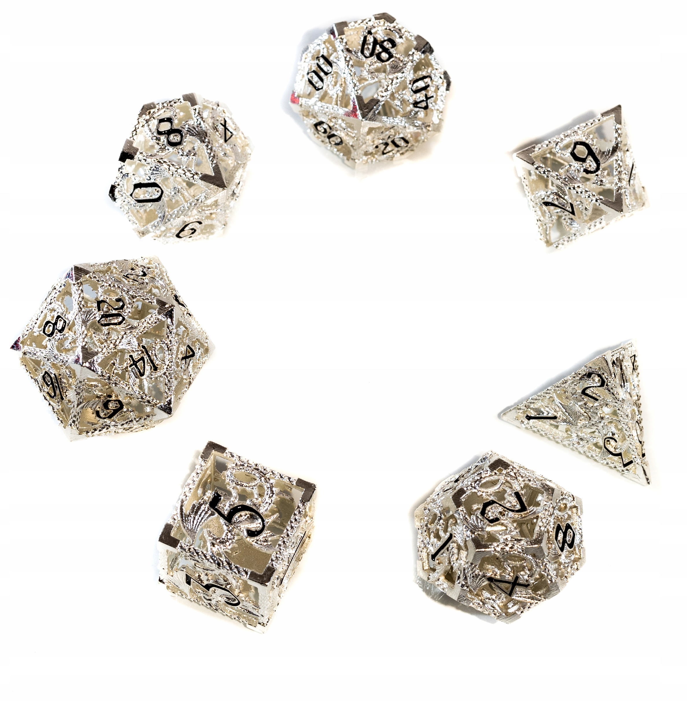 BIAŁY SMOK ZESTAW 7 METALOWYCH KOŚCI RPG Kolor srebrny