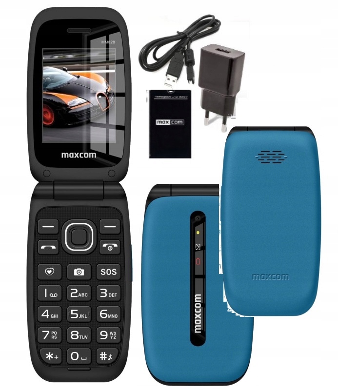 Telefon z klapką dla seniora Maxcom MM828 niebieski,duże klawisze i ...sos