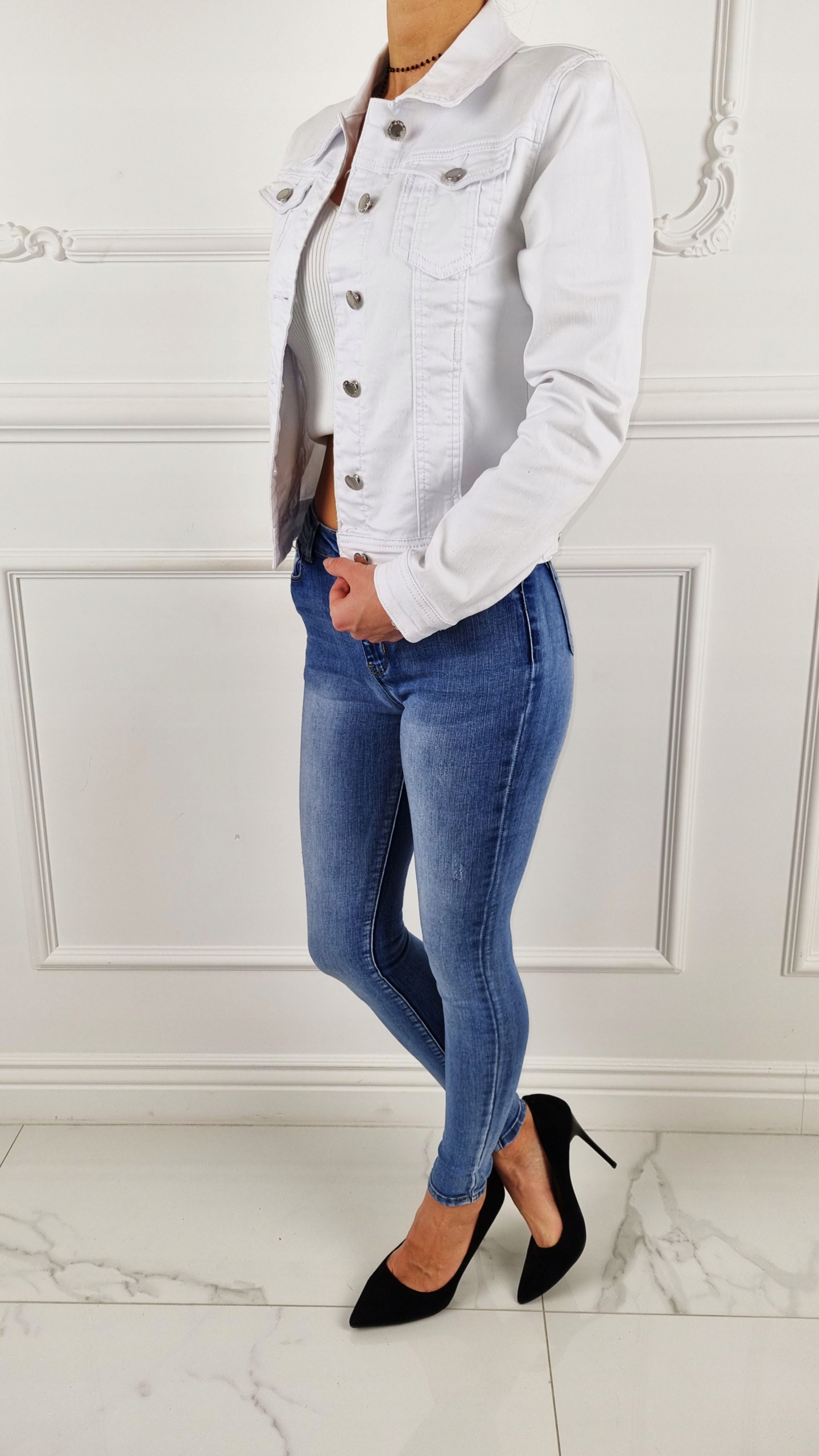 BIAŁA KURTKA JEANSOWA DAMSKA KATANA WYGODNA WHITE Rękaw długi rękaw