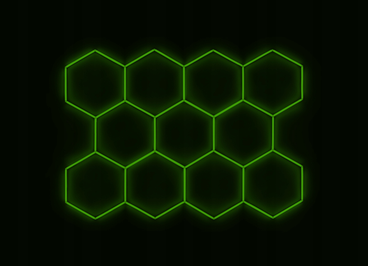 Kompletné Led hexagónové svietidlo zelené, rozmer 11 elementov 336 x 238 cm