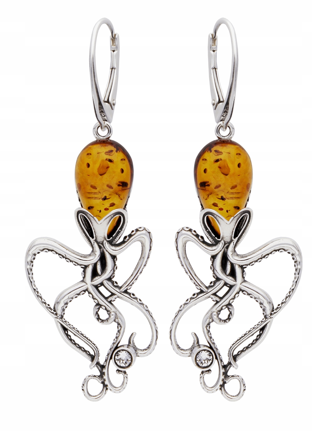 Srebrne Kolczyki Osmiorniczki Z Bursztynem