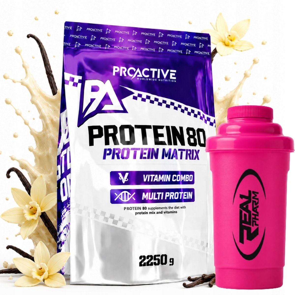 Bílkovina mix bílkovin ProActive Protein 80 2250 g Vanilka Shaker Real Pharm