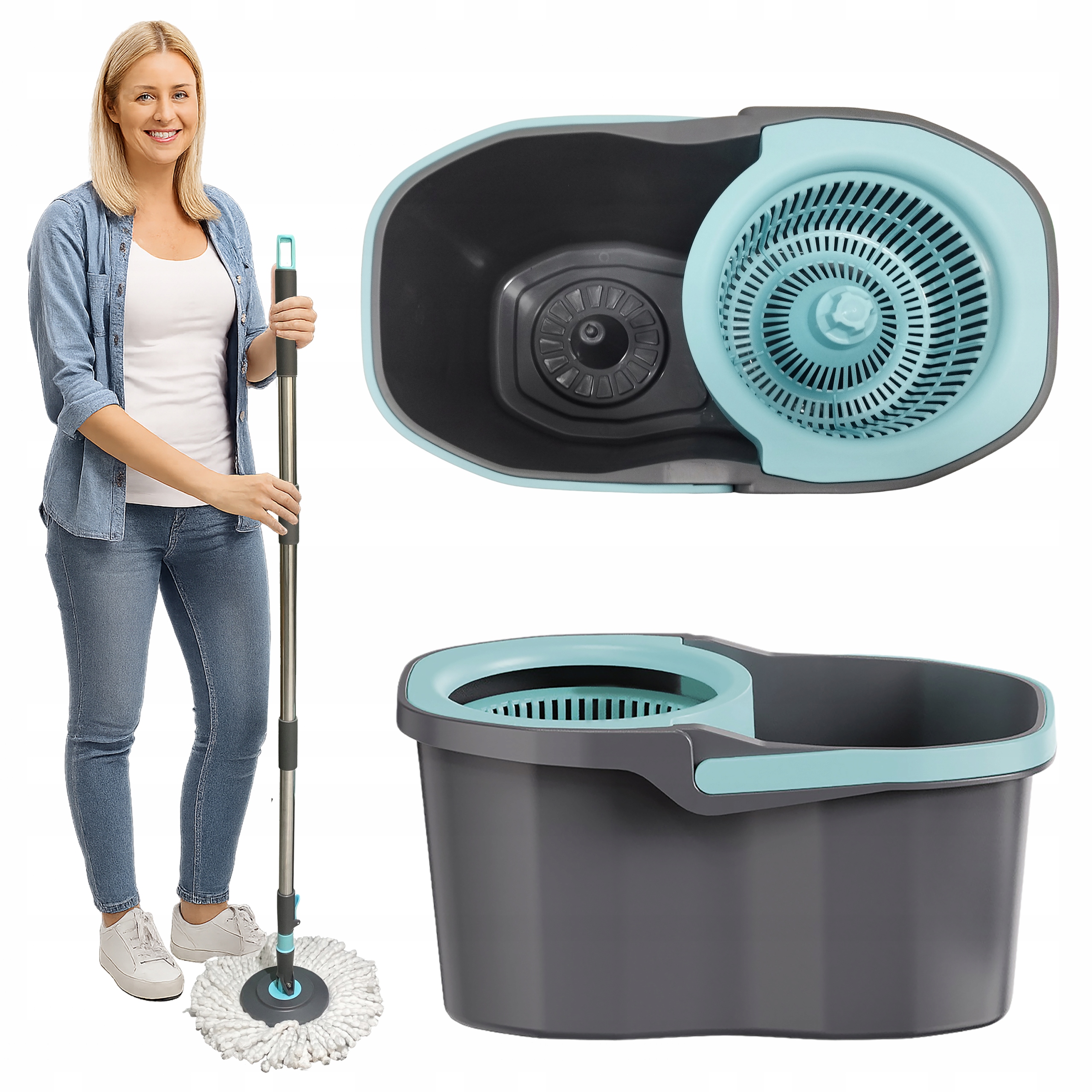 Mop Obrotowy Z Wiadrem Rotacyjny 360 Teleskopowy Kij Wkład Mikrofibra