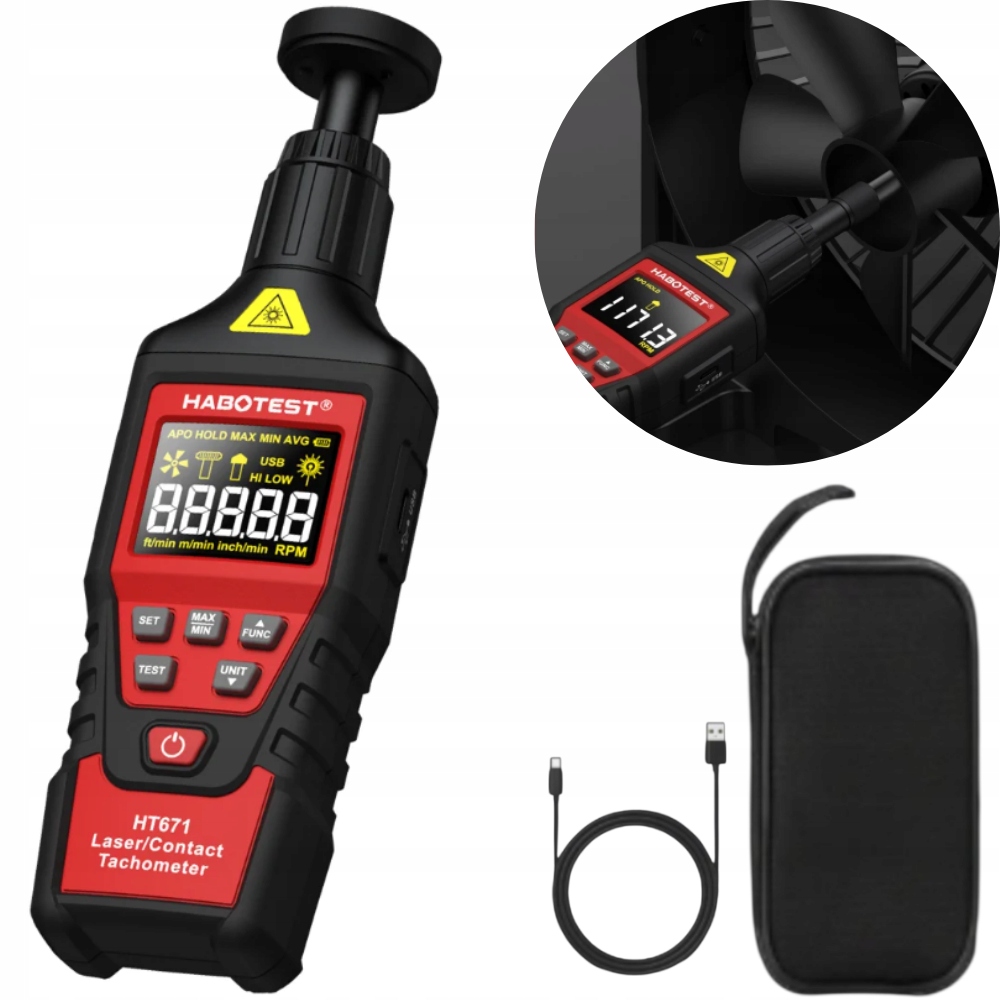 Kontaktní laserový tachometr, měřič otáček, mechanický otáčkoměr HT671