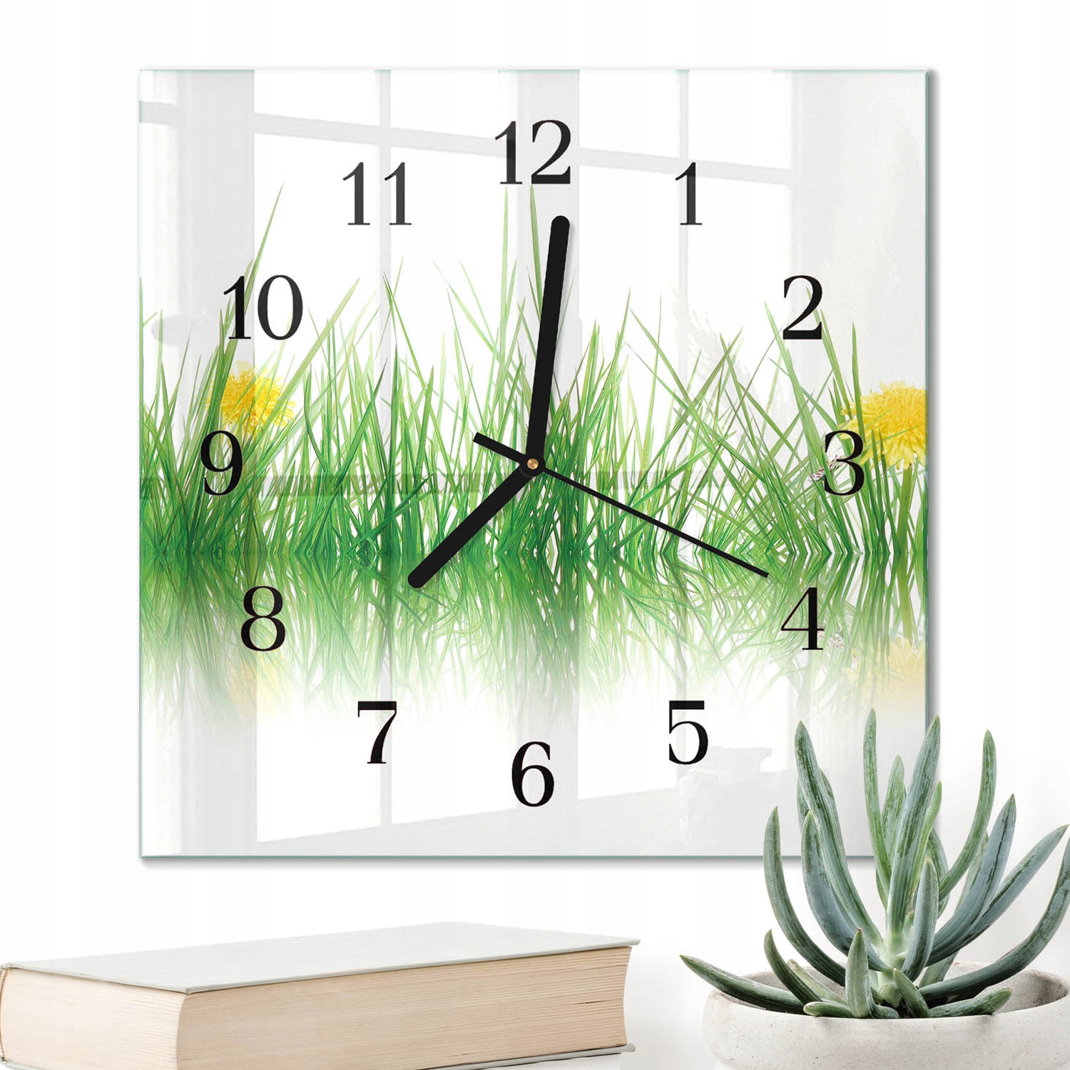 Čtvercový hodinový stroj 30x30 cm Skleněný Moderní na zeď Bezhlučný Tráva