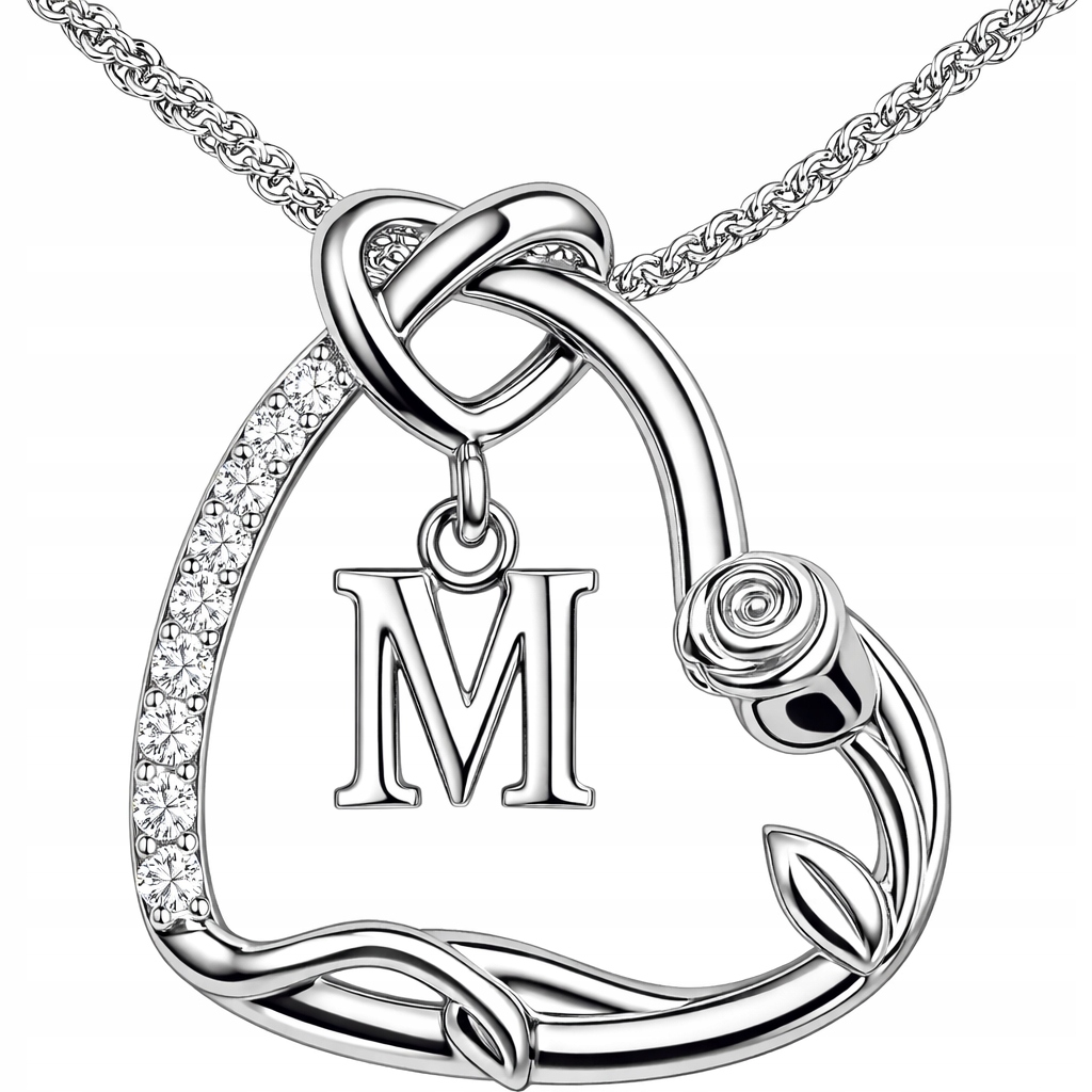 Srebrny Naszyjnik 925 Serce z Literką 585 Kwiat Życia Róża Litera M