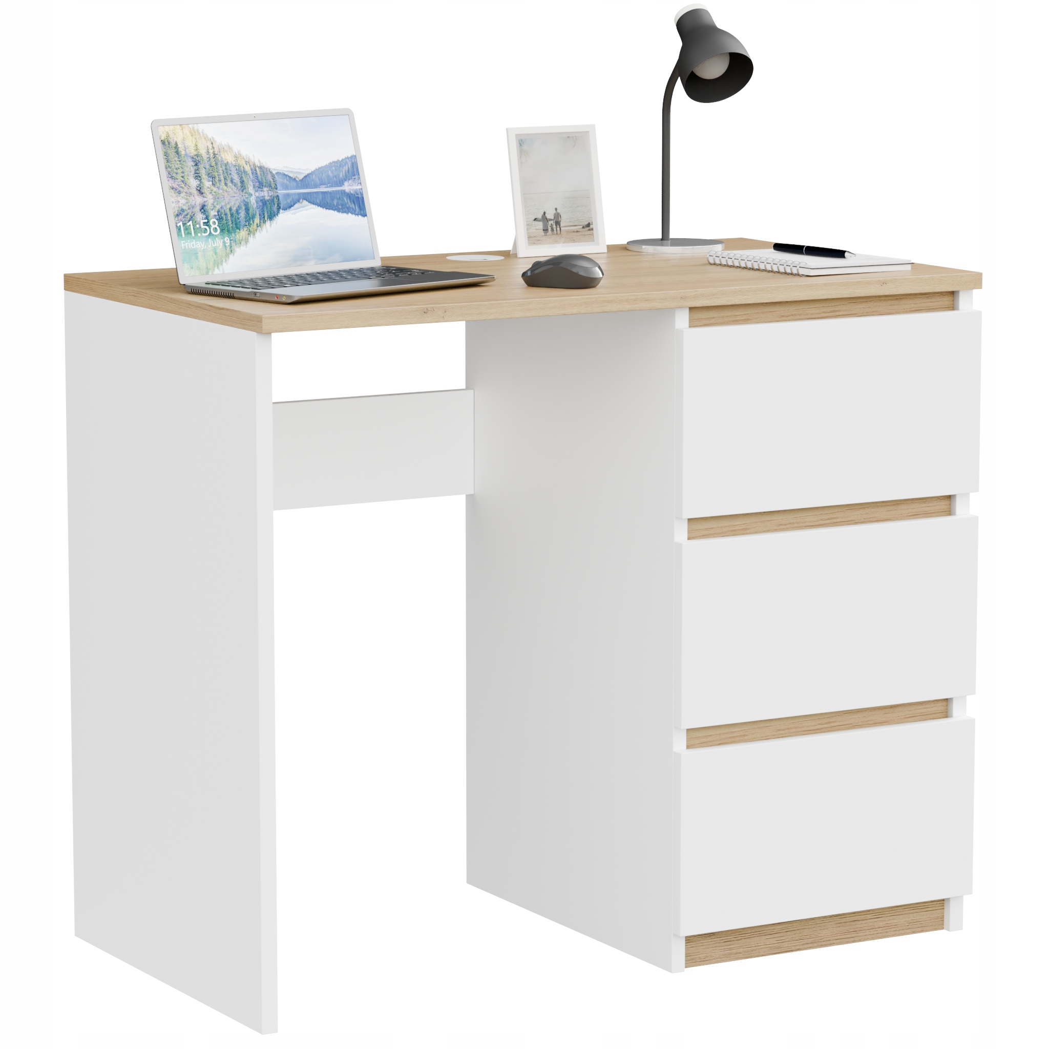 Počítačový Stůl Bílý Dub S Zásuvkami 90 CM Prostorný, Snadná Montáž, Kancelář
