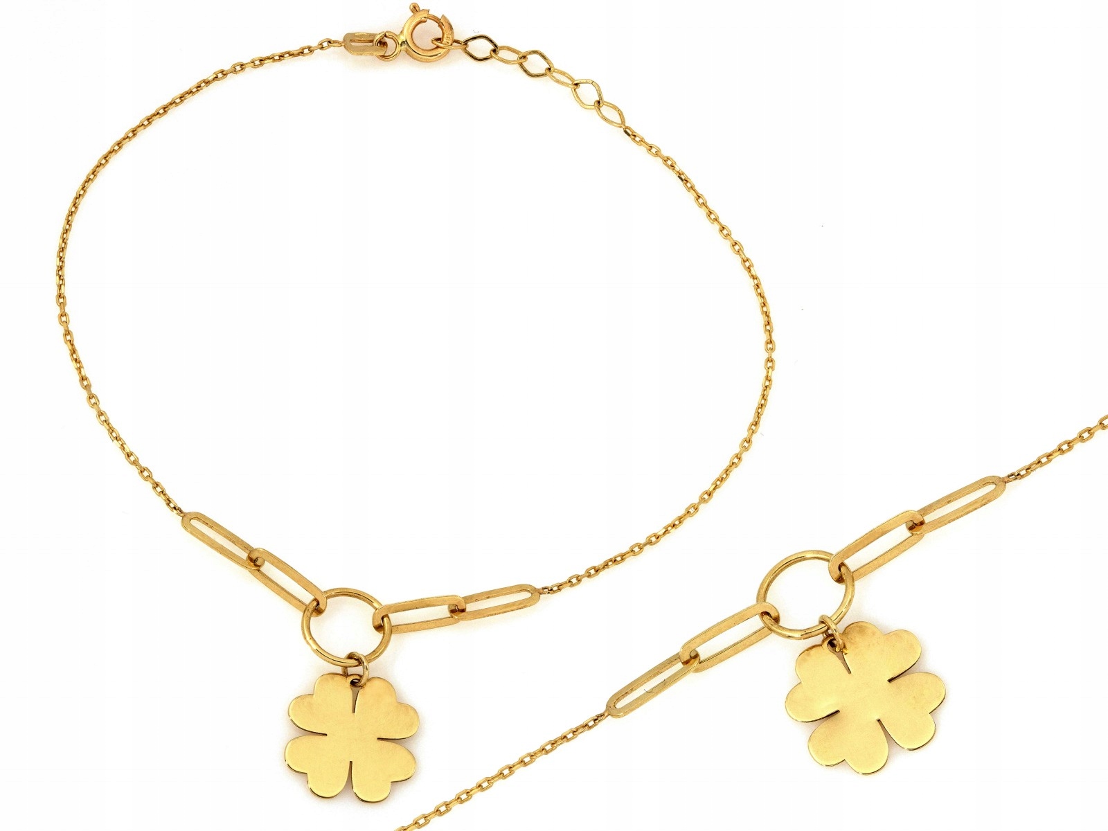 Zlatý 585 řetízkový náramek s jetelem, velké oválné články 1.46 g