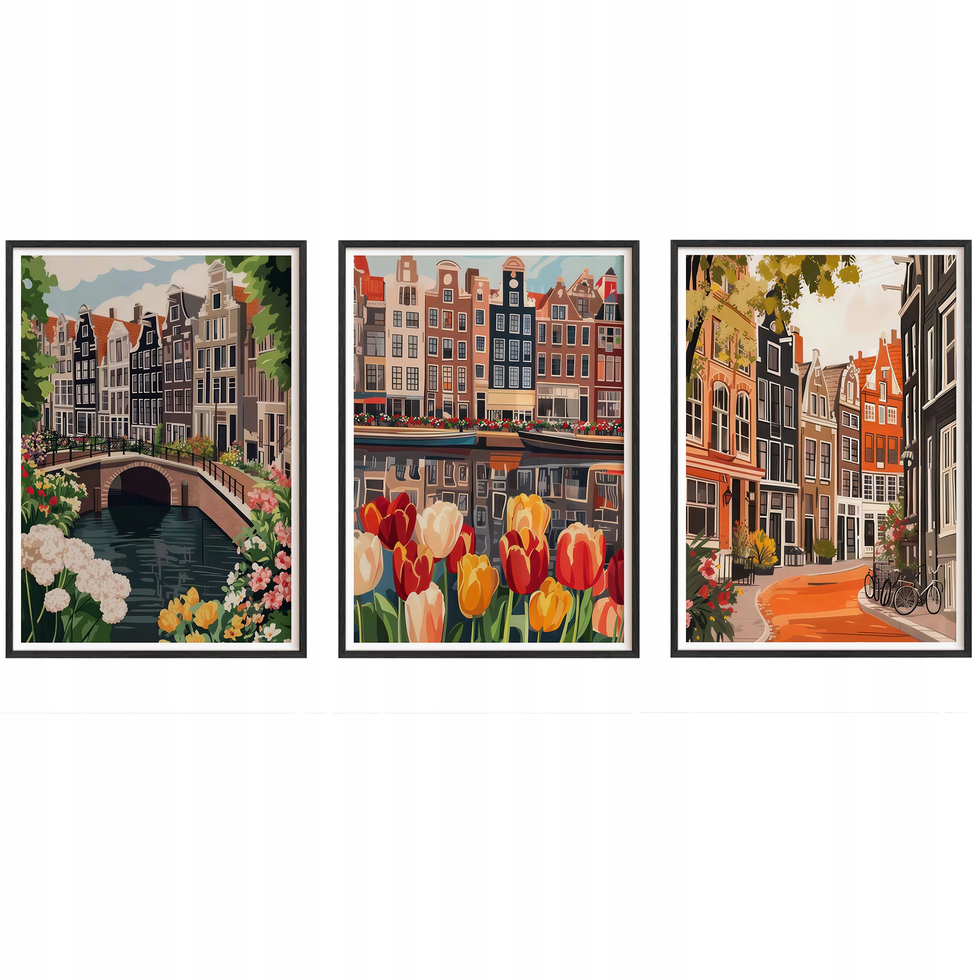 Obrazy Amsterdam Tulipány Plagáty Drevené rámy Čierne 3ks 30x42 cm