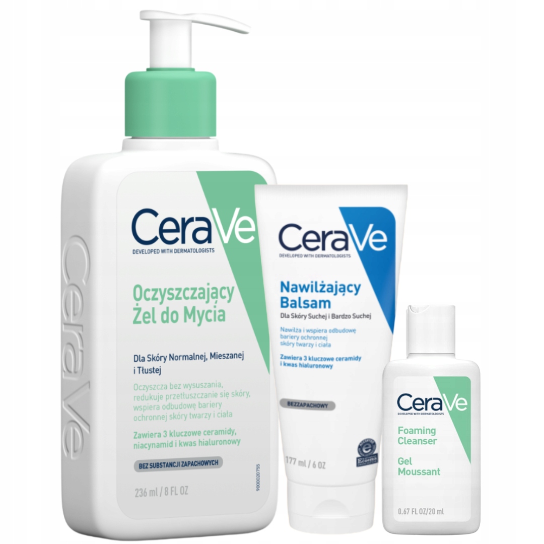 CeraVe Nawilżający Balsam 177ml, Oczyszczający Żel do Mycia 237ml