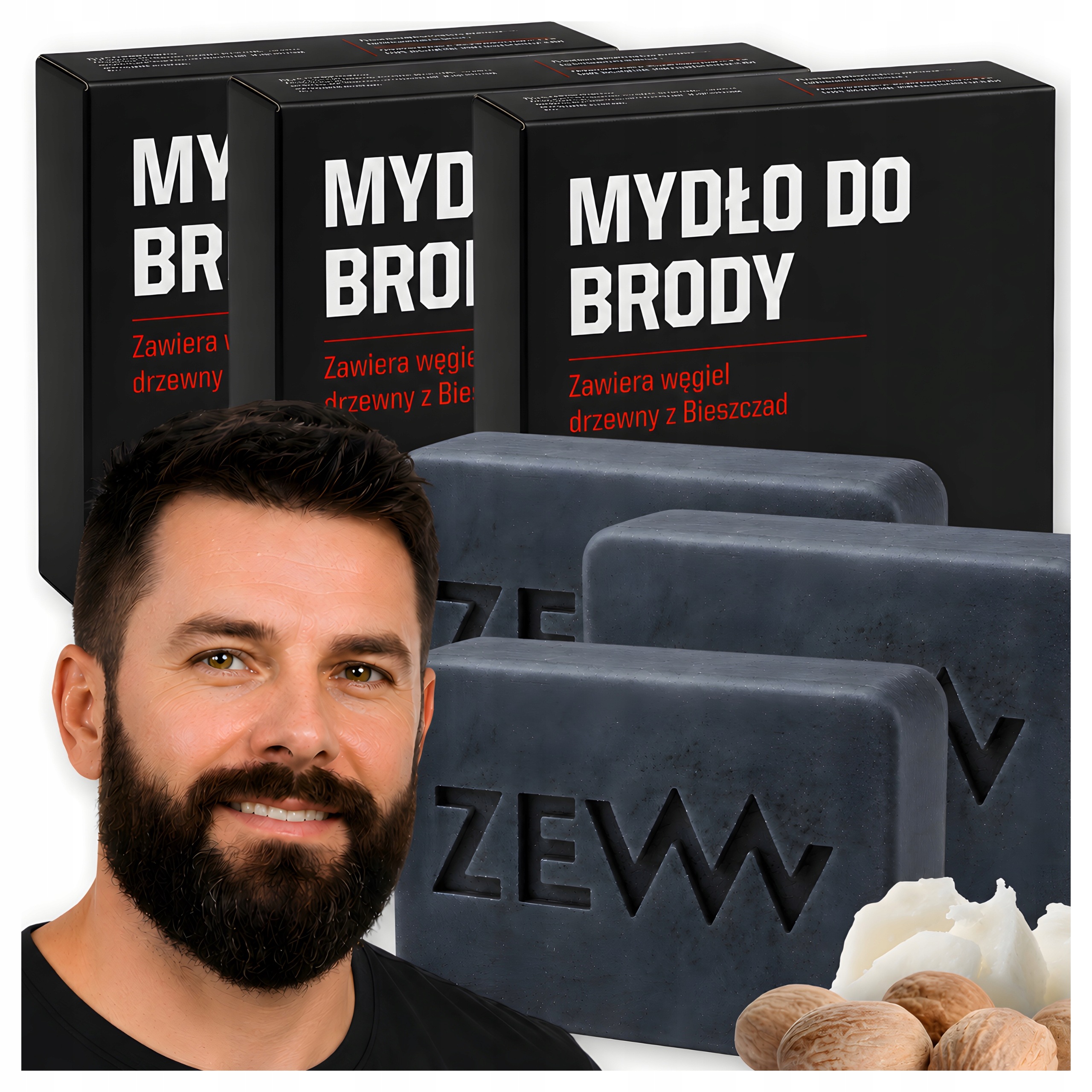 3x Přírodní mýdlo na vousy Zew Men Veganské dřevěné uhlí čistí 85 ml