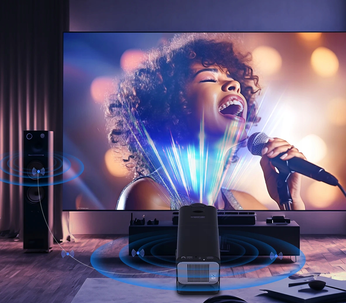 PROJEKTOR RZUTNIK ANDROID TV WIFI FULL HD PRZENOŚNY SMART GŁOŚNIK OBROTOWY Wysokość produktu 14 cm