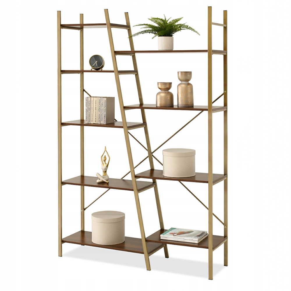 REGAŁ ASYMETRYCZNY Z PÓŁKAMI GEFION ORZECH NA METALOWYM ZŁOTYM STELAŻU